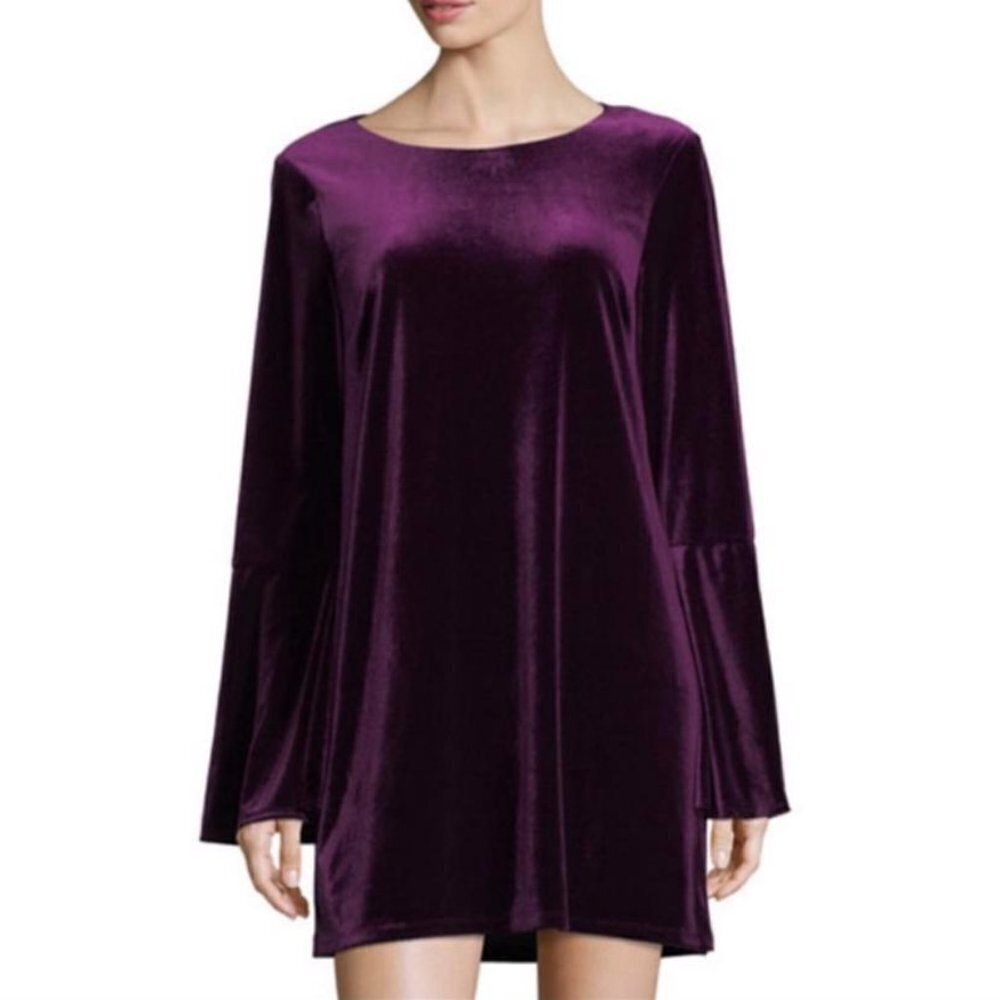 LIKELY purple long bell sleeve velvet mini dress